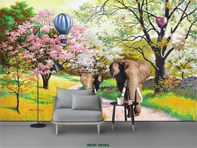 Tranh voi và núi rừng mùa xuân