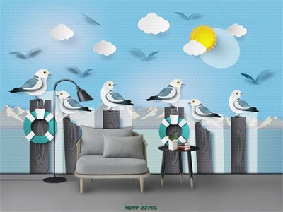 Tranh đàn chim trên cọc gỗ ven biển