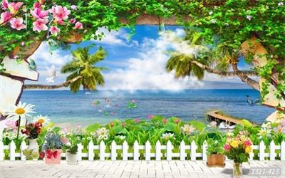 Tranh dán tường phong cảnh hồ thác, cây cối T321-465