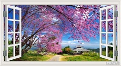 Tranh dán tường hoa đào lồng khhung cửa sổ T321-421