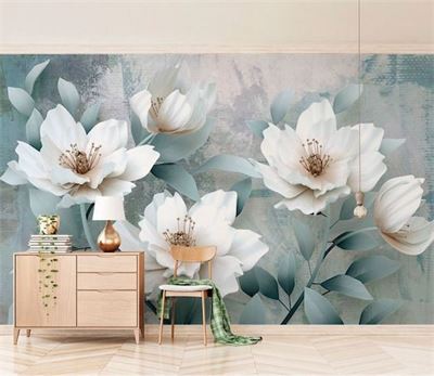 Tranh dán tường hoa 3d màu xanh nhạt
