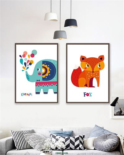 Tranh vẽ động vật dễ thương voi và cáo CDV2-012G